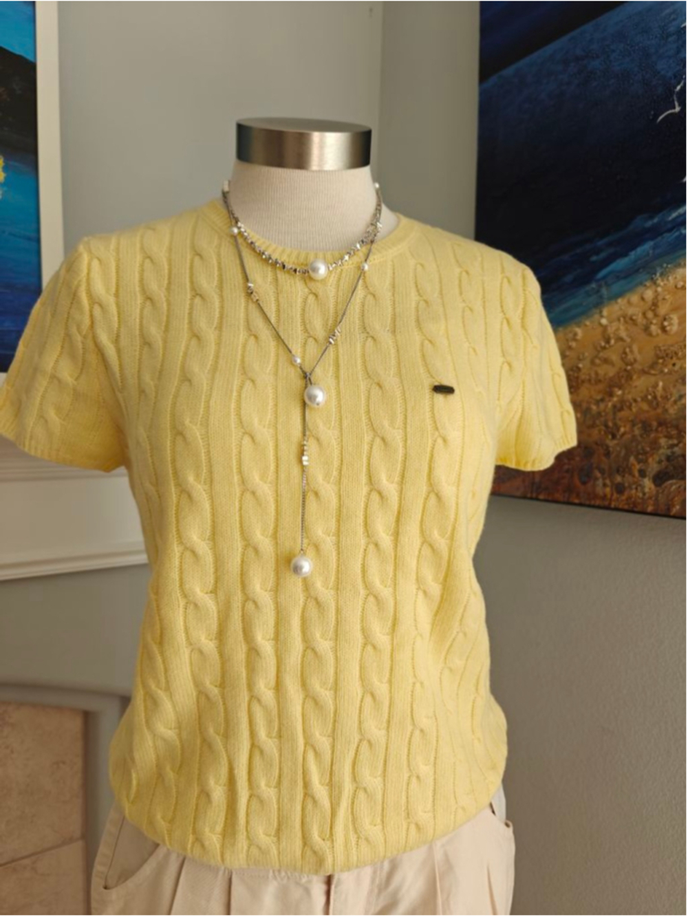 Women's Yellow Cable Knit Short Sleeve Crew Neck Sweater S - Picture 1 of 11